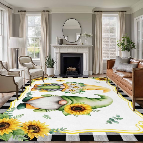 Summer Dwarfs Washable Living Room Rugs 5'x7', Yellow Sunflower Daisy Black Plaid Field Low Pile Throw Large Area Rugs Non-Slip Sturdy Edge Binding Carpet for Dining Room Bedside Kitchen