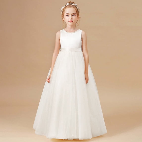 Summer Easter Dresses Bowknot Design Dress Ruffle Short Sleeve Dance Dresses for Girls Elastic Waist for Holiday Party (White,7-8 Years)