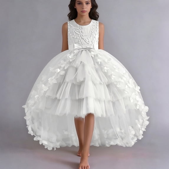 Summer Easter Dresses Bowknot Design Dress Ruffle Short Sleeve Summer Princess Dress for Girls Elastic Waist for Holiday Party (White,14-15 Years)