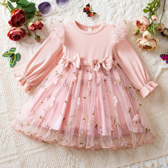Summer Easter Dresses Short Sleeved Small Floral Princess Style Cute Summer Dresses for Girls Elastic Waist for Holiday Party (Pink,12-18 Months)