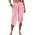thumbnail image 1 of Summer Elastic Waist Women Solid Color Casual Capris Female Knee-Length Pants, 1 of 5