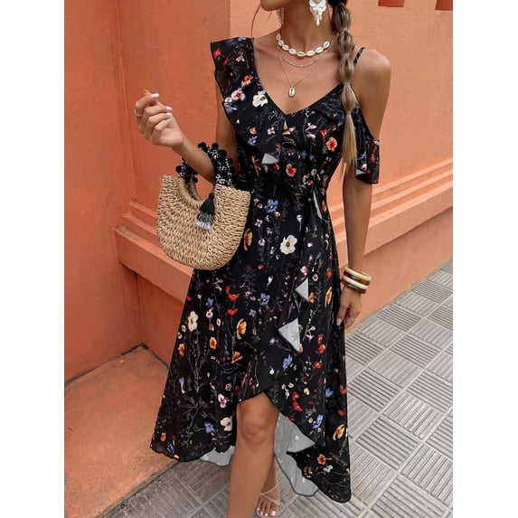 Summer Elegant Asymmetrical Ruffle Flower Print Dress for Women