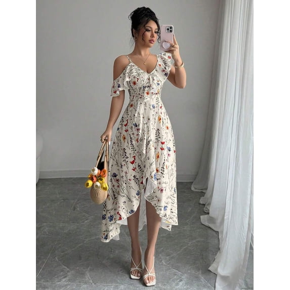 Summer Elegant Asymmetrical Ruffle Flower Print Dress for Women