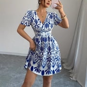 Summer Elegant Style Womens Polyester Short-Sleeve Off-Shoulder A-Line Dress