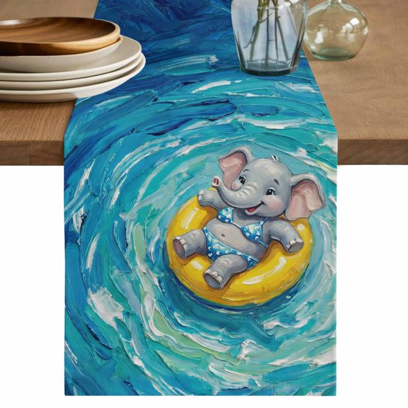 Summer Elephant Table Runner, Blue Ocean Oil Painting Swimming Ring Washable Cotton Linen Table Runners 36 Inches Long, Dresser Scarf Runner for Nightstand/End Tables/Round Tables 13''x36''