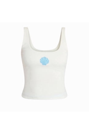 Summer Embellished Tank Top,Shell Pattern - White Top,Women‘s Embellished Shells Tank Top Sleeveless With Beaded Details Casual Flowy Summer Top Standard Straps, S