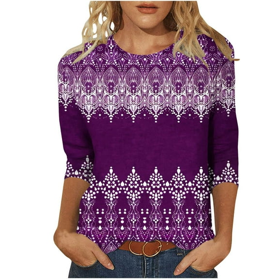 Summer Embroidery Floral Tee Shirts Round Neck 3/4 Sleeve Tops Regular Fit Slim Fitted Blouses Dressy Causal Tunic Tops Lounge Lightweight Ladies Tunics Blouse Going Out Outfits 2025