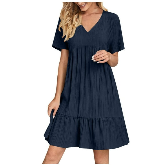 Summer Empire Waist Dress for Womens Smocked Flutter Short Sleeve V Neck Midi Dresses