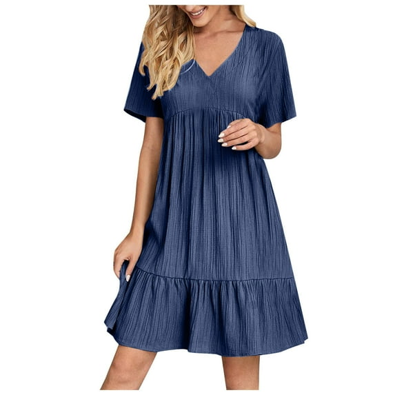 Summer Empire Waist Dress for Womens Smocked Flutter Short Sleeve V Neck Midi Dresses