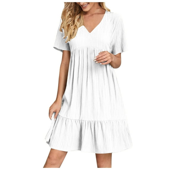 Summer Empire Waist Dress for Womens Smocked Flutter Short Sleeve V Neck Midi Dresses