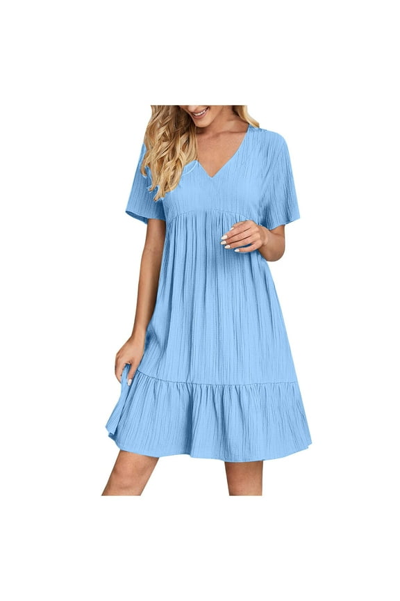 Summer Empire Waist Dress for Womens Smocked Flutter Short Sleeve V Neck Midi Dresses