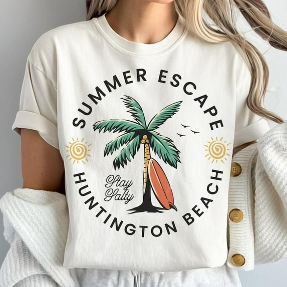 Summer Escape Huntington Beach Shirt, Retro Summer Vibes T-Shirt, Stay Salty Palm Tree Surf Tee, Surfing Beach Graphic Tee