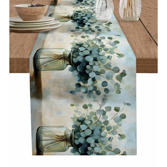 Summer Eucalyptus Burlap Cotton Table Runner 13x48 Inches Long, Botanical Leaves Modernism Painted Farmhouse Table Runners, Outdoor Dining Tablecloths Decor for Baby Shower/Party/Wedding