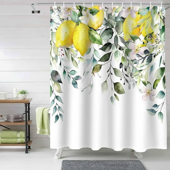 Summer Eucalyptus Leaves Lemon Shower Curtain, Watercolor Flower Plant Shower Curtain Set with Hooks, Waterproof Fabric Shower Curtains for Bathroom Decor, 72x84 Inch Bath Curtain