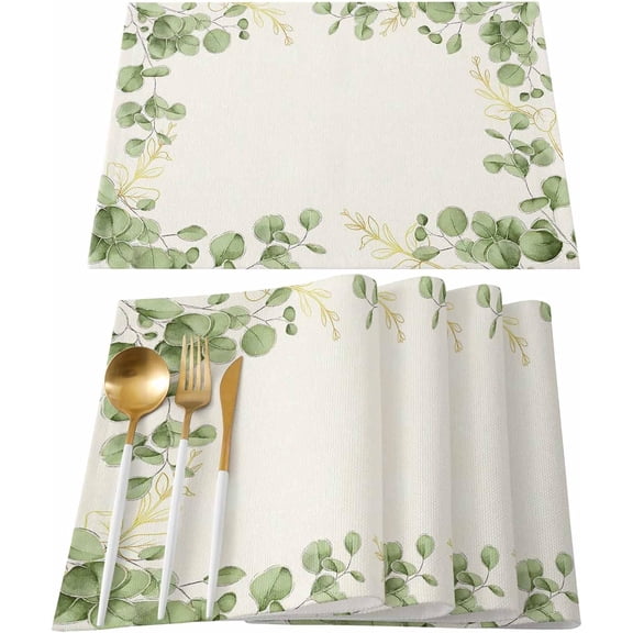 Summer Eucalyptus Leaves Placemats Set of 6 Non Slip Washable Table Mats Set, Green Watercolor Plant Table Placemats for Kitchen Dining Table Wedding Holiday Party Decoration