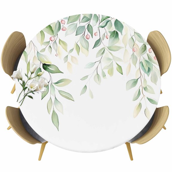 Summer Eucalyptus Leaves Round Tablecloth 36-44 Inch Round Fitted Table Cloth with Elastic Edge, Spring Botanical Watercolor Leaf Waterproof Table Cover Protector for Outdoor Picnic Party Dining
