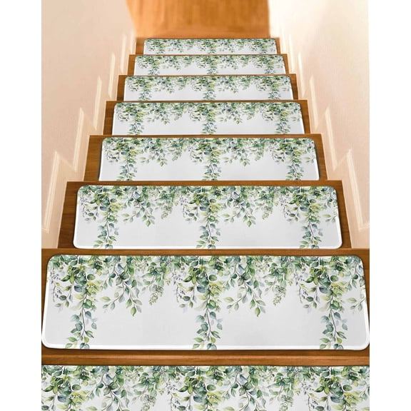 Summer Eucalyptus Leaves Stair Treads for Wooden Steps Indoor Runner Rug Carpet, Pastoral Rustic Botanical 4 Pieces Peel and Stick Staircase Step Treads Covers Washable Throw Door Mats, 30"x8"