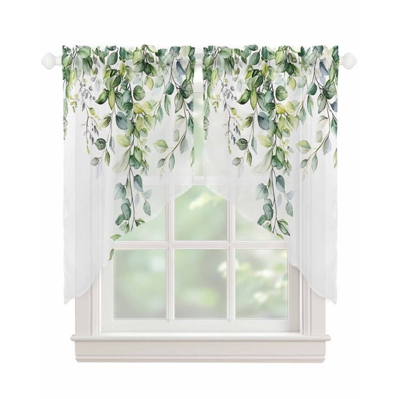Summer Eucalyptus Leaves Swag Valances for Windows, Pastoral Rustic Botanical Rod Pocket Sheer Valances for Large Windows, Swag Toppers Light Filtering for Kitchen Living Room 2 Panels 36''x45''