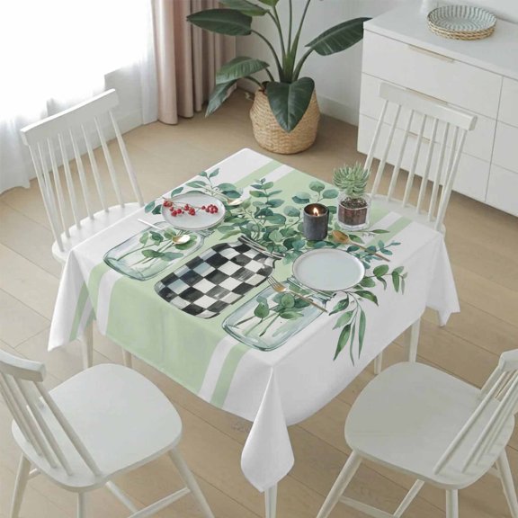 Summer Eucalyptus Leaves Table Cloth 54x54in, Waterproof Square Tablecloth Wipeable Tablecloths Watercolor Green Stripes Table Covers for Dining Tables Party Indoor Outdoor
