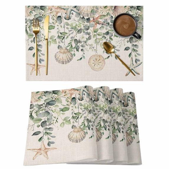 Summer Eucalyptus Placemats Set of 8, Shell Starfish Green Leaf Vintage Non-Slip Place Mats Washable Table Mats for Kitchen Dining Table Decorations Indoor/Outdoor