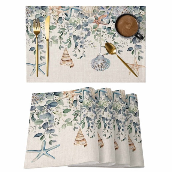 Summer Eucalyptus Placemats Set of 8, Starfish Shell Green Leaf Ocean Vintage Non-Slip Place Mats Washable Table Mats for Kitchen Dining Table Decorations Indoor/Outdoor