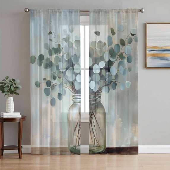 Summer Eucalyptus Sheer Curtains 63 Inch Length 2 Panels Set, Spring Leaves Botanical Floral Voile Window Treatment Rod Pocket Curtains Sheers Drapes for Bedroom/Living Room/Kitchen 52x"63"x2