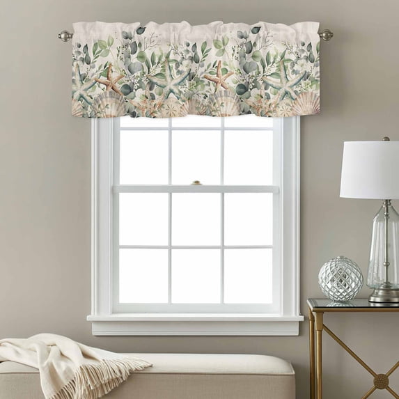 Summer Eucalyptus Window Valance for Kitchen, Shell Ocean Starfish Green Leaves Retro Rod Pocket Short Curtain for Small Windows, Light Filtering Decorative Valance, 60 x 18 Inch, 1 Panel