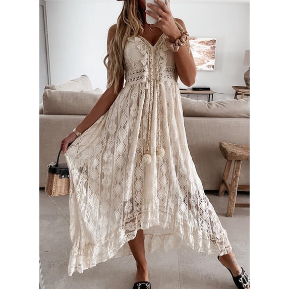 Summer European and American style lace halter top full skirt solid color long dress