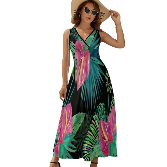 Summer Exotic Floral Tropical Palm Leaves Dress Summer Street Style Bohemia Long Dresses Female Sleeveless Printed Maxi Dress