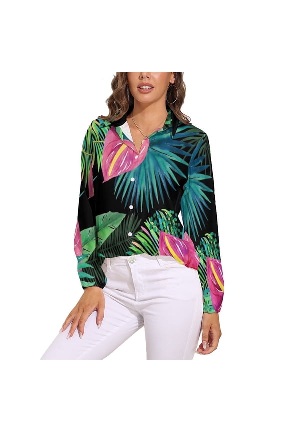 Summer Exotic Floral Tropical Palm Leaves Long Sleeve Blouse Woman Streetwear Casual Shirts Summer Oversize Woman Streetwear Clothing Birthday Present