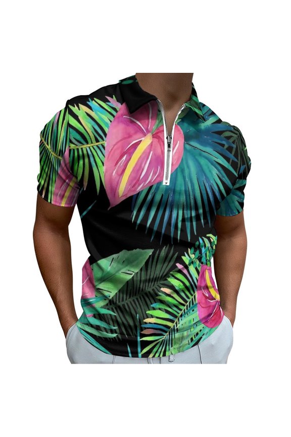 Summer Exotic Floral Tropical Palm Leaves Men Zipper T-shirt Summer Casual Short Sleeve T-shirt Top