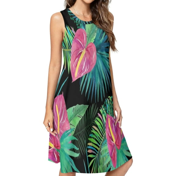 Summer Exotic Floral Tropical Palm Leaves Spring Summer Dresses for Women Fashion T-shirt Dress Casual Sleeveless Loose Sundress with Pockets