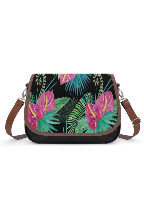 Summer Exotic Floral Tropical Palm Leaves Vintage Crossbody Bag for Women Medium Leather Hobo Bags Shoulder Bag Classic City Leather Satchels