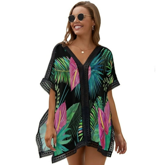 Summer Exotic Floral Tropical Palm Leaves Women's Swimsuit Coverup Summer Beach Cover Up Bathing Suit Dress