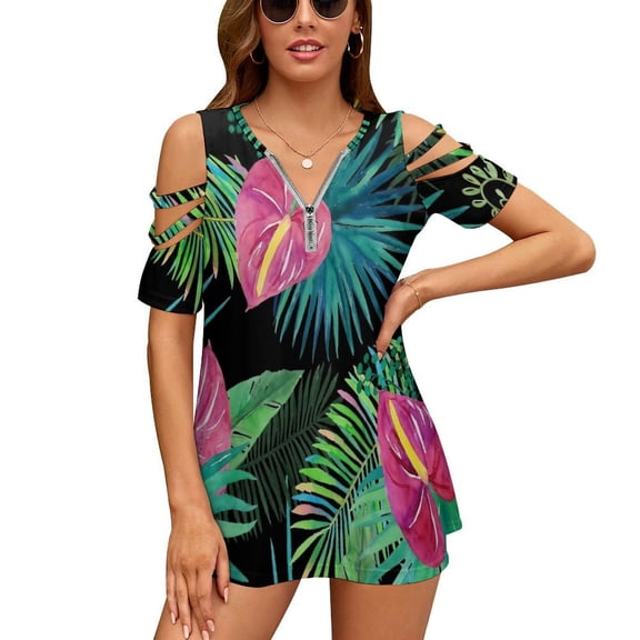 Summer Exotic Floral Tropical Palm Leaves Womens Summer V Neck Zipper Top Short Sleeve T Shirt Off Shoulder Top Casual Classy Loose Shirts