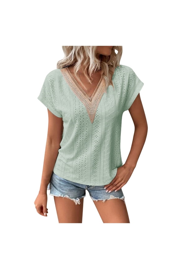 Summer Eyelet Tops For Women's V Neck Lace T-Shirt Cap Sleeve Tees Basic Plain Blouses Slim Fitted Causal Tee Elegant Loose Costume Clothings