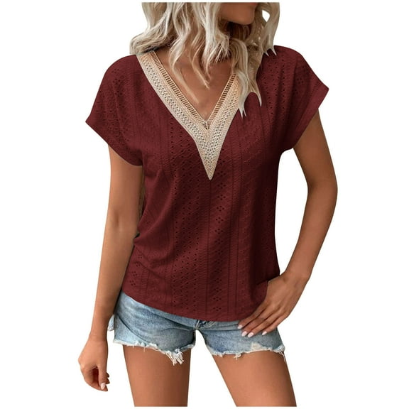Summer Eyelet Tops For Women's V Neck Lace T-Shirt Cap Sleeve Tees Basic Plain Blouses Slim Fitted Causal Tee Elegant Loose Costume Clothings