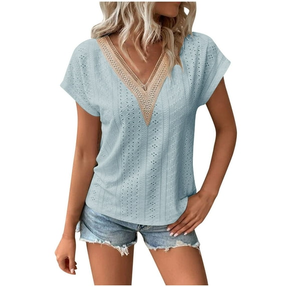 Summer Eyelet Tops For Women's V Neck Lace T-Shirt Cap Sleeve Tees Basic Plain Blouses Slim Fitted Causal Tee Elegant Loose Costume Clothings