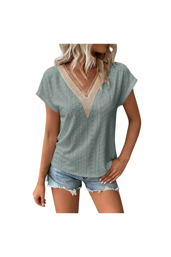 Summer Eyelet Tops For Women's V Neck Lace T-Shirt Cap Sleeve Tees Basic Plain Blouses Slim Fitted Causal Tee Elegant Loose Costume Clothings