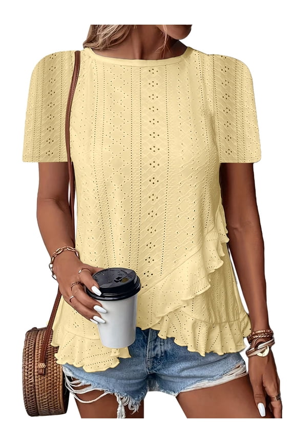 Summer Eyelet Tops for Women 2025 Trendy Asymmetric Hem Shirts Summer Fashion Solid Color Going Out Blouse Yellow XXL