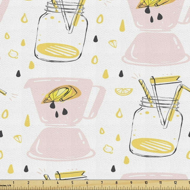 Ambesonne Summer Fabric by the Yard Upholstery, Lemonade Glass Jar Pattern, 10 Yards, Multicolor