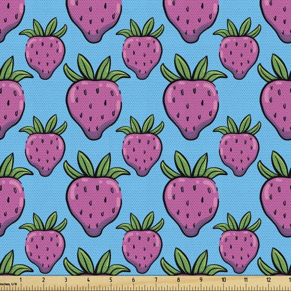 Summer Fabric by the Yard, Cartoon Like Fruit Art Repetitive Pattern of Strawberries Colorful Design, Decorative Upholstery Fabric for Sofas and Home Accents, Blue Pink and Green by Ambesonne