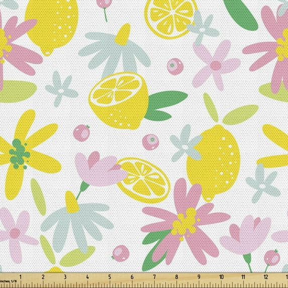Ambesonne Summer Fabric by the Yard Upholstery, Flowers and Lemons, 2 Yards, Multicolor