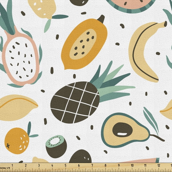 Ambesonne Summer Fabric by the Yard Upholstery, Exotic Fruits Pastel Doodle, 1 Yard, Multicolor