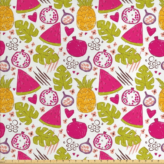 Summer Fabric by the Yard, Illustration of Doodle Style Scribbled Exotic Fruits and Leaves, Decorative Upholstery Fabric for Chairs & Home Accents, Pink Green by Ambesonne