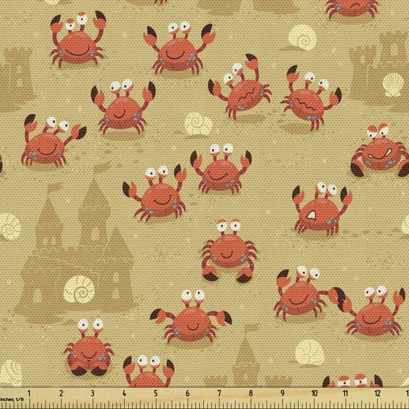 Ambesonne Summer Fabric by the Yard Upholstery, Cartoon Crabs Sand Castles, 10 Yards, Pale Camel Dark Mustard