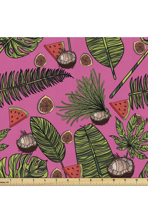 Summer Fabric by the Yard Upholstery, Tropical Leaves and Coconut, 10 Yards, Pink and Multicolor