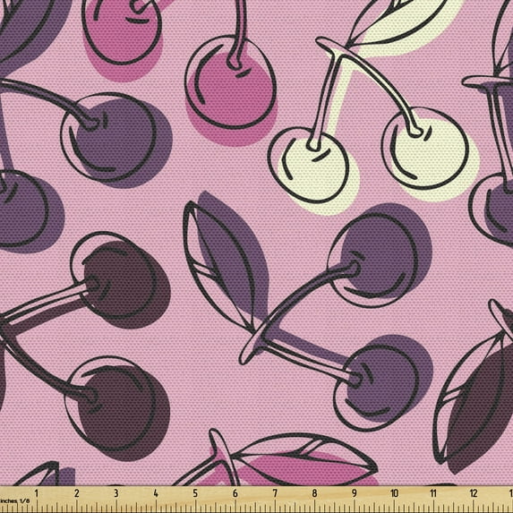 Ambesonne Summer Fabric by the Yard Upholstery, Pastel Colored Cherry Art, 2 Yards, Pale Pink Multicolor
