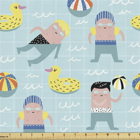Ambesonne Summer Fabric by the Yard Upholstery, Young Boys Ducks and Balls, 2 Yards, Pale Teal Multicolor
