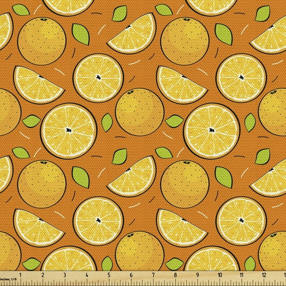 Ambesonne Summer Fabric by the Yard Upholstery, Vitamin Orange Fruit Pattern, 1 Yard, Marigold and Green